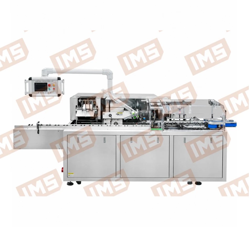 Estuchadora horizontal automática con pantalla táctil en brazo, almacén de estuches, protección de acrílico y gabinete de tres puertas