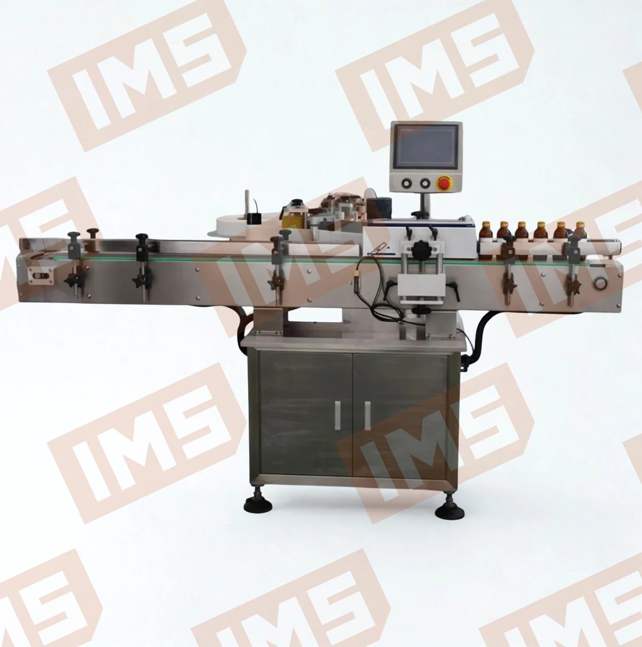Etiquetadora vertical automática para botellas redondas, con transportador, cabezal etiquetador y pantalla táctil